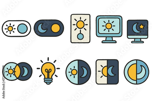 Day and night toggle flat icon set. sun, moon, interface switches flat icon collection