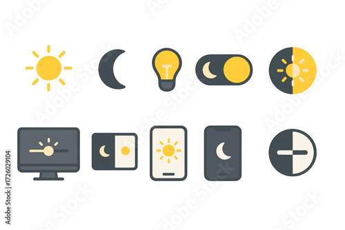 Day and night flat icon set. sun, moon, light icons collection with flat style.
