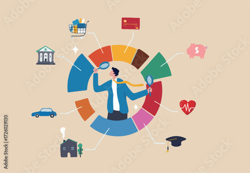 Budget planning, financial expense or spending allocation, investment, income, saving percentage pie chart, cost tracking or debt management concept, businessman analyze budget allocation pie chart