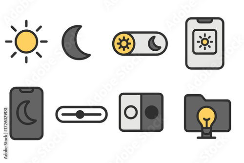 Day and night flat icon set. sun, moon, toggle, bright and dark mode icons collection.