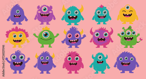 A cheerful collection of cute cartoon monster characters. This vibrant set features funny little aliens and friendly creatures in a flat vector design, perfect for kids' projects