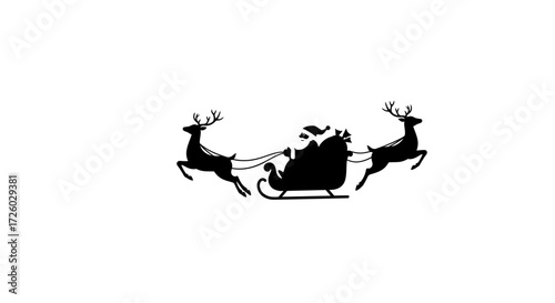 Festive vector illustration depicting the iconic silhouette of Santa's sleigh ride with his reindeer team against a dark sky for a holiday greeting