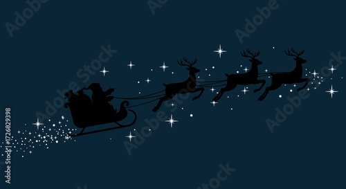 Silhouette of Santa Claus and reindeer sleigh flying across a starry night sky with a festive winter theme