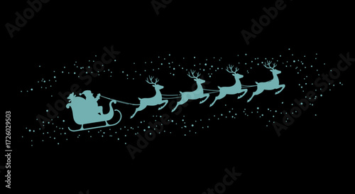 Santa Claus flying in his sleigh pulled by reindeer under a starry sky on Christmas Eve, a magical winter holiday illustration perfect for festive greetings and seasonal designs