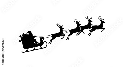 Silhouette of Santa Claus in his sleigh pulled by reindeer flying across the sky during the holiday season, conveying joy and festivity