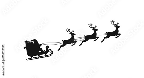 Silhouette of Santa Claus and his reindeer sleigh soaring across a festive green background during Christmas