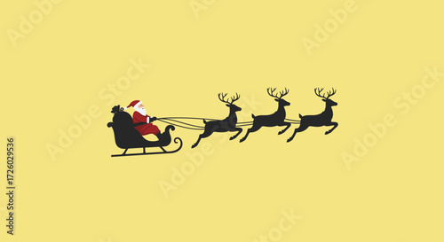 A whimsical cartoon illustration of Santa Claus riding a sleigh pulled by reindeer, on a light yellow background