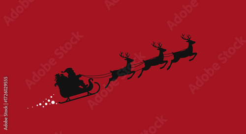 Merry Christmas and Happy Holidays illustration featuring Santa Claus in his sleigh pulled by reindeer silhouetted against a vibrant red background