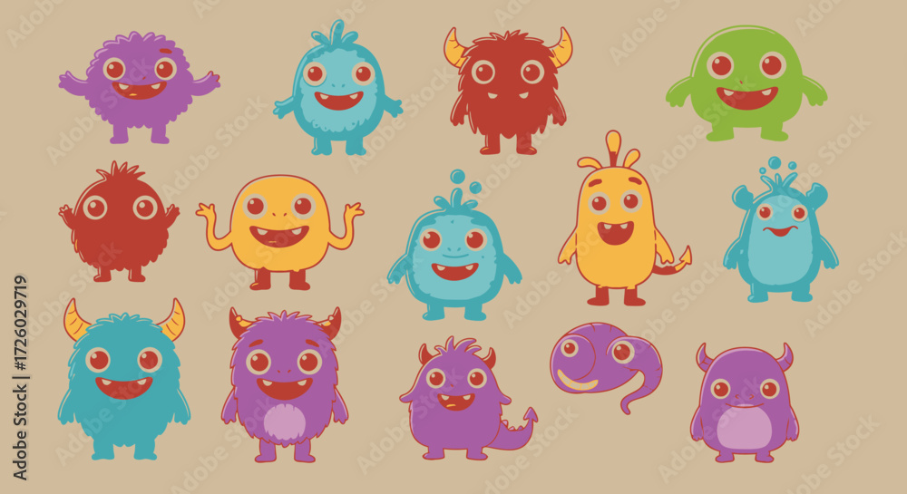 Obraz premium Vibrant collection of cheerful and funny cartoon monsters, perfect for kids' games, educational materials, and playful graphic design projects
