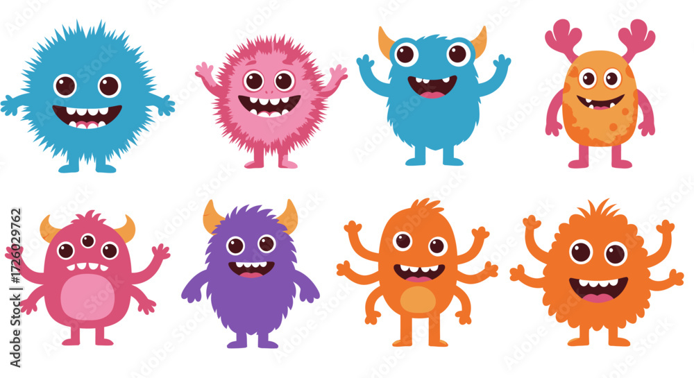 Fototapeta premium Collection of playful, cartoonish, and friendly monster characters with vibrant colors, horns, and multiple eyes, suitable for children's content and designs