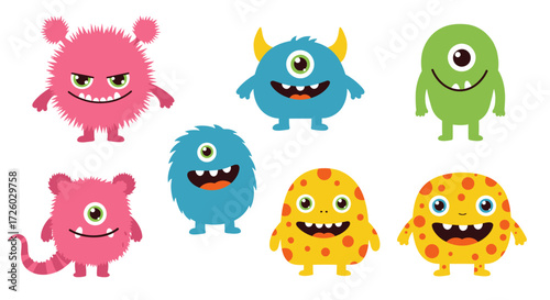 Cute Monster Cartoon Characters Vector Illustration