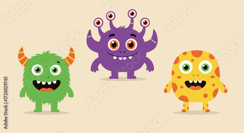 Three cute, friendly, cartoon monsters with various features like horns, eyes and spots on a light tan background, illustrations