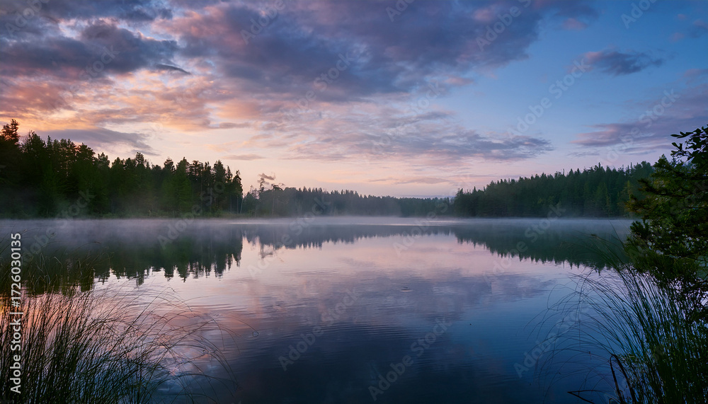 Fototapeta premium Serene Forest Lake At Dawn Or Dusk With Mist Gently Rising From The Calm Water Reflecting The Vibrant Cloud Filled Sky