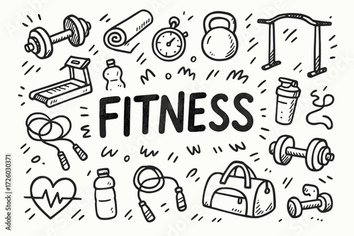 Fitness icon set in outline style. gym, health, workout equipment icons collection.