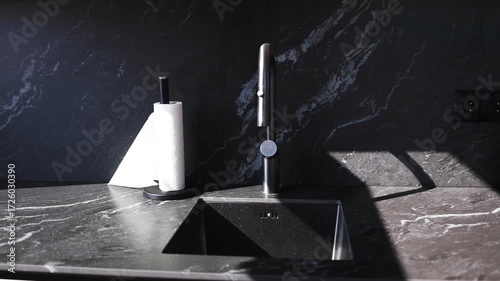Close-up of a sleek stainless steel kitchen faucet and black sink installed in a dark marble countertop. A roll of paper towels is placed nearby, and sunlight creates shadows on the surface.