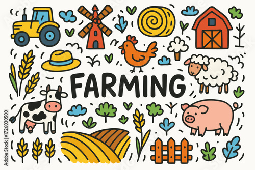 Farming, agriculture flat icon set. harvest, farm life, rural icons flat collection