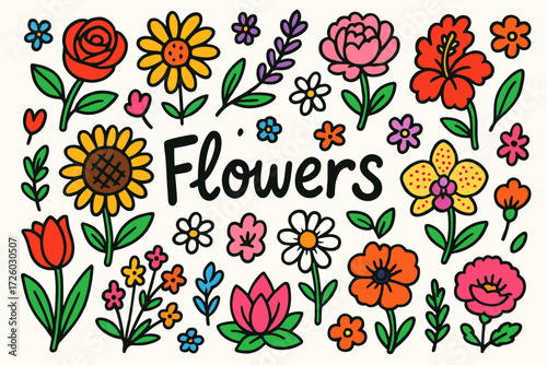 Floral outline icon set. flowers, botanical elements, nature symbols in outline style