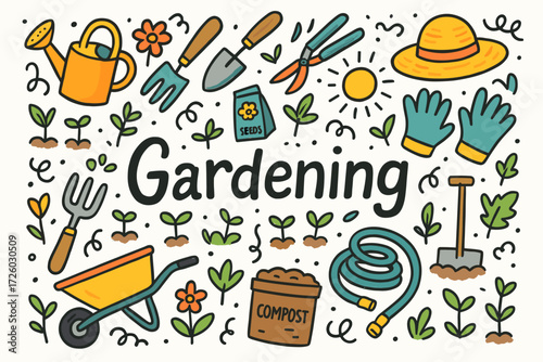 Gardening flat icon set. tools, plants, seeds, gardening equipment flat style icons.