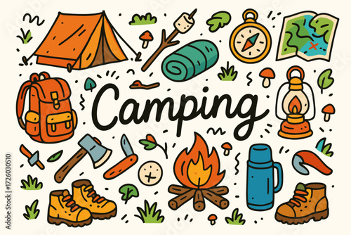 Camping adventure doodle icon set. outdoor, hiking, travel essentials line icons