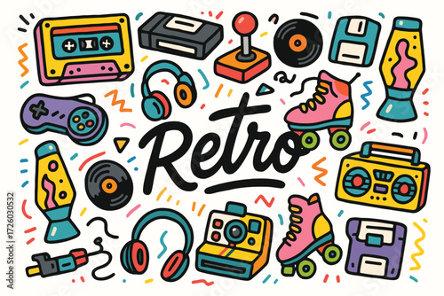 Retro flat icon set. vintage, music, gaming, boombox, cassette icons collection