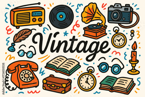 Vintage, retro objects icon set. classic, nostalgic icons flat collection