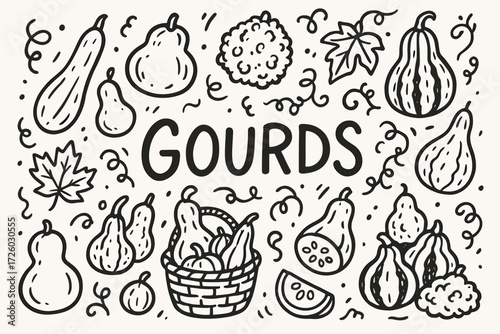 Gourds outline icon set. autumn vegetables and fall harvest line drawing collection