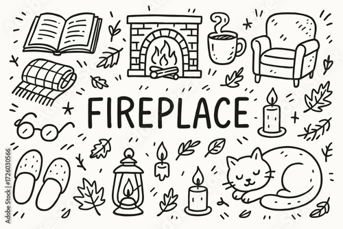 Cozy autumn doodle icon set. outline, fireplace, hygge, cat, leaf, fall, candle icons.