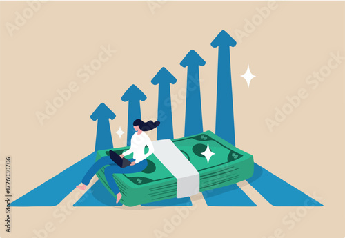 Increase income or salary raise, growing investment, wealth or saving profit, revenue rising, improvement or accumulate wealth concept, woman working with computer on banknote money growing graph