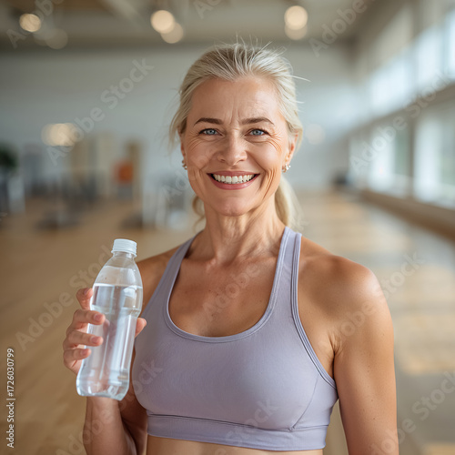 A mature positive woman drinks water from a bottle in a gym