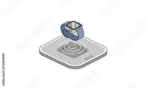 Sleek isometric smartwatch with a blue band floating above a square wireless charging pad.