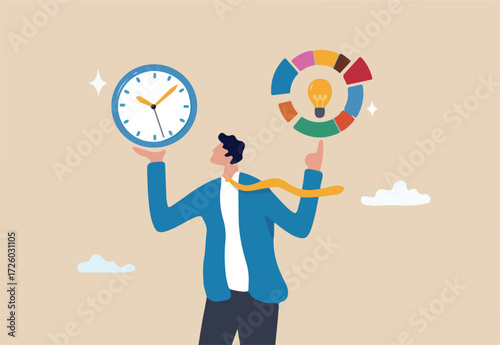 Time management, efficiency, productivity to finish work, delegation, finish tasks, prioritize responsibility, manage schedule, planning concept, businessman holding time clock with pie chart routine