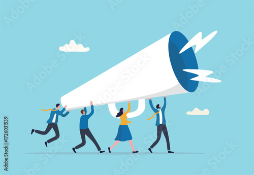 Marketing communication, announce promotion or communicate with employees, community or organization speech, loud voice or announcement concept, business people PR public relation shout on megaphone