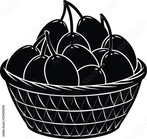 A detailed black and white illustration of a woven basket overflowing with plump cherries