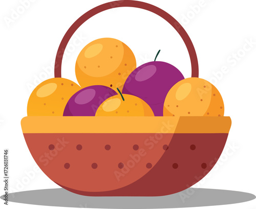 A vibrant basket overflowing with fresh oranges and purple plums on a white background