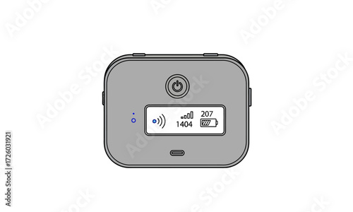 Technical illustration of a portable Wi-Fi hotspot device with a digital display showing signal strength and battery life.
