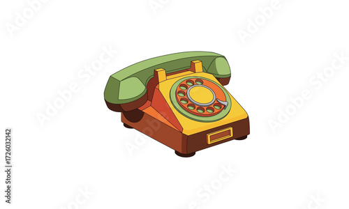 Vibrant cartoon vintage rotary telephone with classic green handset and orange base.