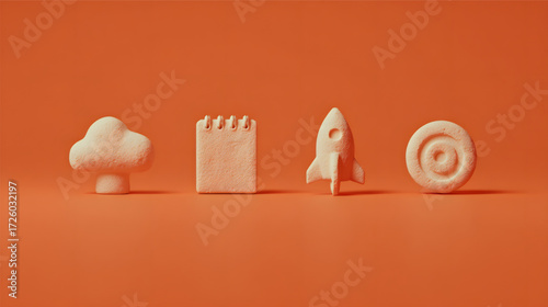 Minimalist 3D icons for business startup concepts.