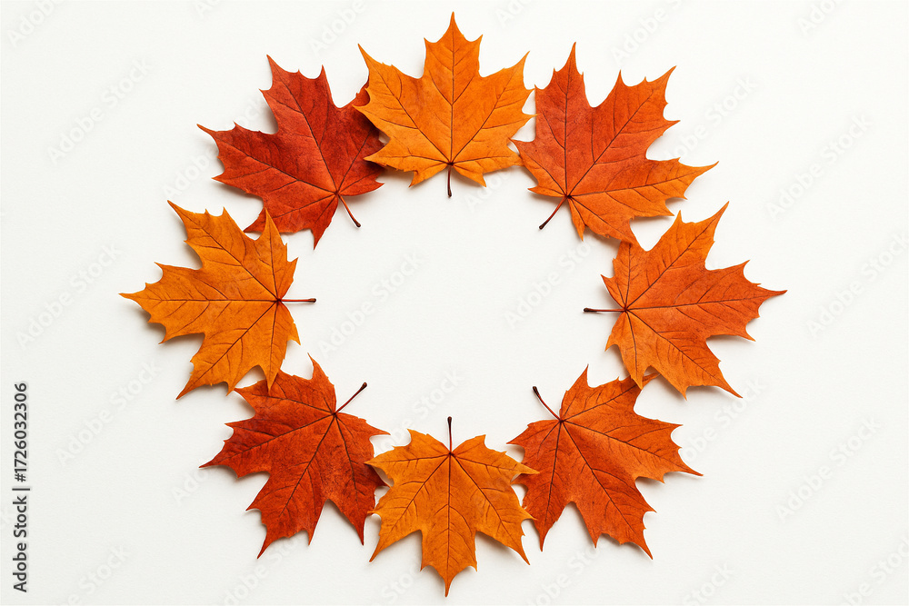 Fototapeta premium Compact Circle Wreath of Autumn Maple Leaves on White Background