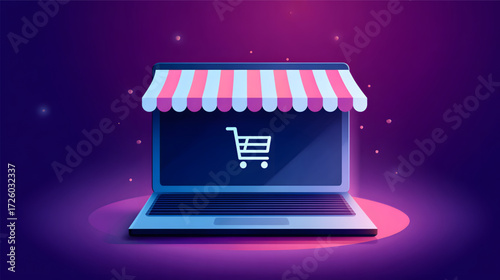 Digital online store concept with laptop and shopping cart.