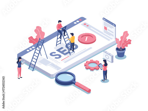 Team working together to improve website SEO optimization with ladders magnifying glass and gears isometric vector illustration promoting online business growth and better search engine ranking