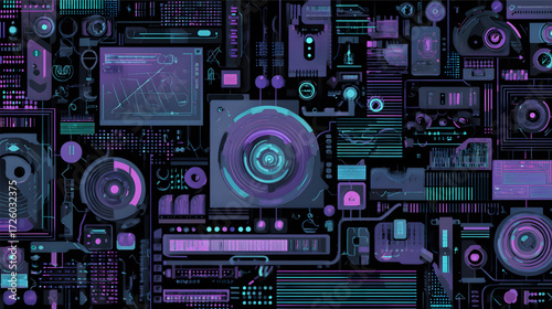 Futuristic Digital Interface with Glowing Neon Circuits and Data.