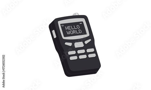 Vintage Black Mini Mobile Phone with Hello World Display.