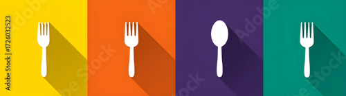 White fork and spoon icons with long shadow effect.