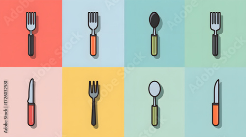 Set of minimalist cutlery icons featuring forks spoons and knives.
