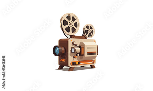 Vintage Film Projector with Reels, Detailed Illustration.