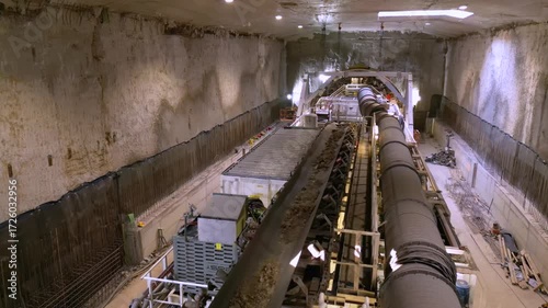 Civil engineering tunnel excavation with conveyor system carrying debris and ventilation pipes installed inside large underground passage, showing infrastructure building progress and urban transport 