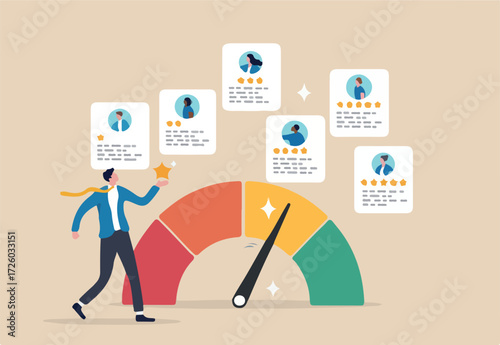 Performance review, employee evaluation rating assessment, star feedback for candidate, quality scale or appraisal comparison concept, businessman review employee performance with gauge and star