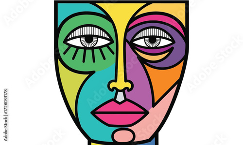 Abstract Cubist Face Illustration with Geometric Shapes and Vibrant Colors – Modern Art Portrait in Yellow, Blue, Pink, Green, and Orange on Black Background