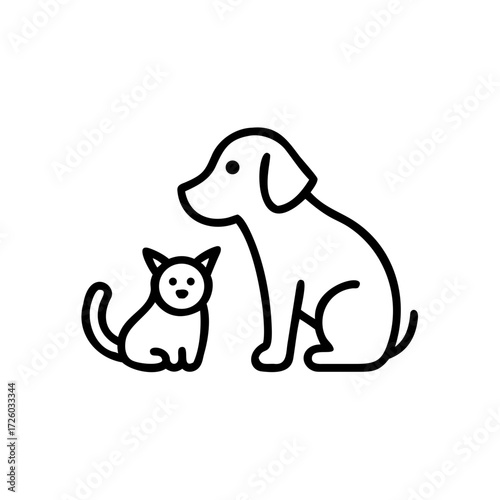 Dog and cat in simple line art sitting together  