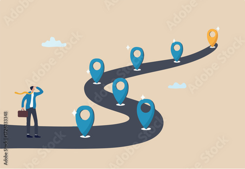Success roadmap journey, milestone or career path achievement, route or pathway to achieve goals, accomplishment, assessment or way to success, businessman look at achievement milestone to success